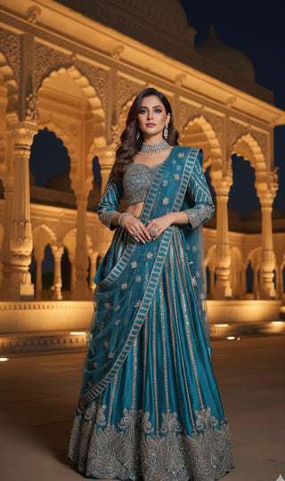 Teal Silver Embroidered Bridal Lehenga Set