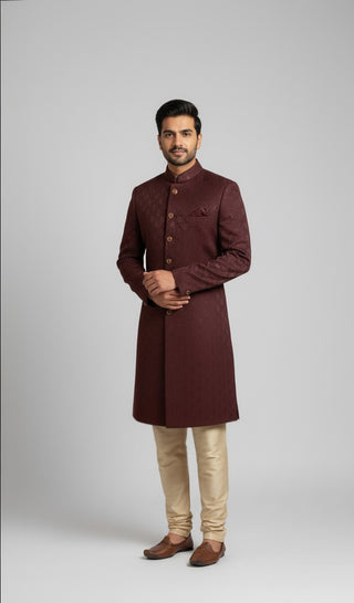 Maroon Embroidered Sherwani with Mandarin Collar for Men