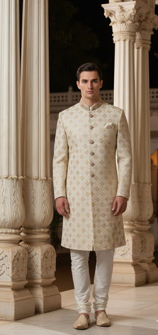 Cream and Gold Embroidered Sherwani