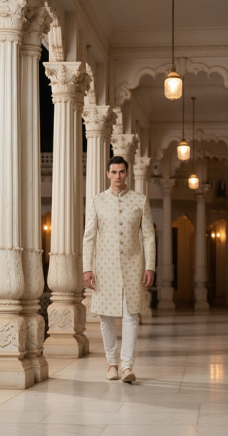 Cream and Gold Embroidered Sherwani