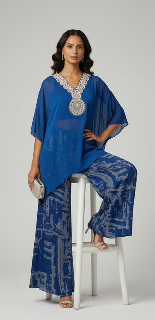 Royal Blue Embroidered Kaftan with Palazzo Set