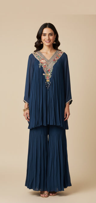 Navy Blue Pleated Kaftan with Embroidered Neckline & Palazzo Set