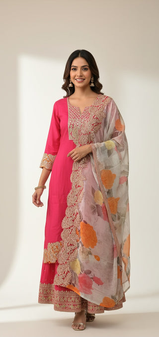 Pink Embroidered Kaftan with Floral Dupatta & Palazzo Set