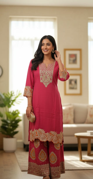 Pink Embroidered Kaftan with Floral Dupatta & Palazzo Set