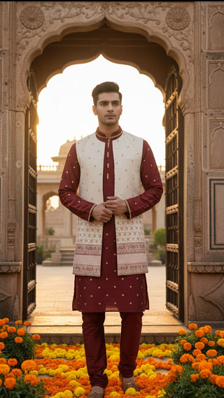 Regal Maroon & Gold Embroidered Sherwani Set