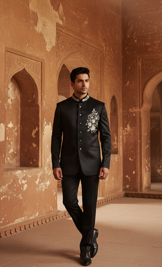 Luxurious Black Embroidered Bandhgala Suit