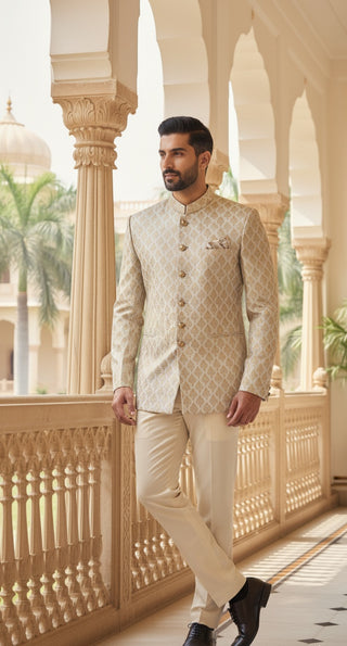 Luxurious Cream Gold Bandhgala Suit