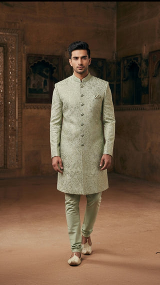 Sage Green Sherwani with Golden Embroidery