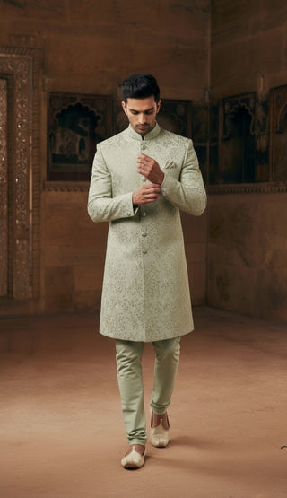 Sage Green Sherwani with Golden Embroidery