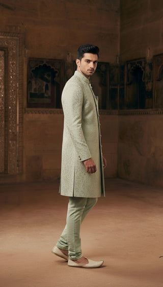 Sage Green Sherwani with Golden Embroidery