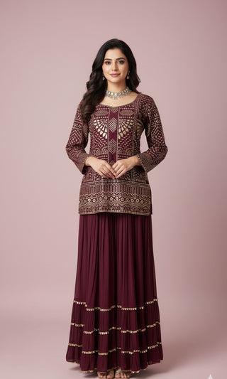 Burgundy Embroidered Sharara Set with Mirror Work & Dupatta