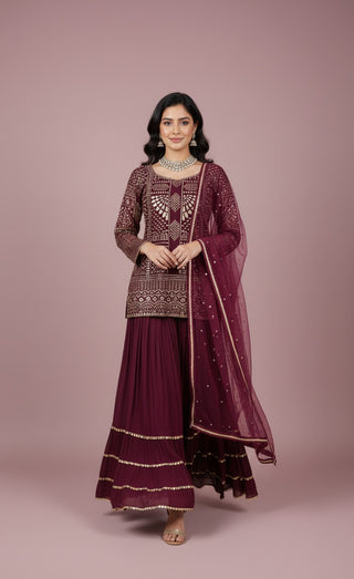 Burgundy Embroidered Sharara Set with Mirror Work & Dupatta
