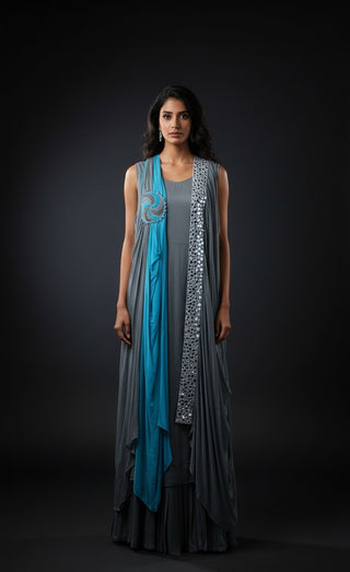 Grey and Teal Contemporary Gown with Sequin Panel
