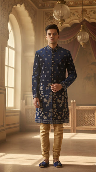 Navy Blue Embroidered Sherwani with Golden Motifs