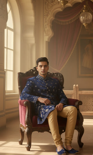 Navy Blue Embroidered Sherwani with Golden Motifs