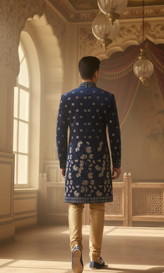 Navy Blue Embroidered Sherwani with Golden Motifs