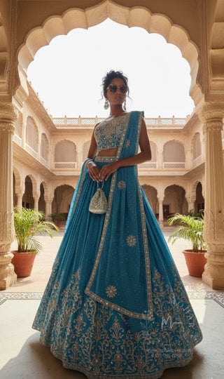 Teal Blue Embroidered Silk Lehenga Choli