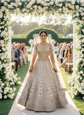 Off-white Gold Embroidered Lehenga Set