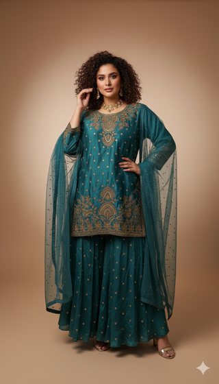 Teal Golden Embroidered Sharara Set