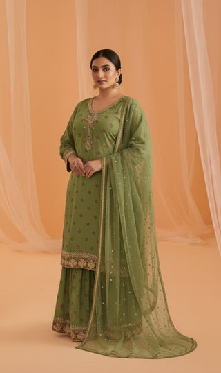 Olive Green Golden Embroidered Sharara Set