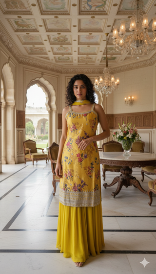 Yellow Floral Embroidered Sharara Set