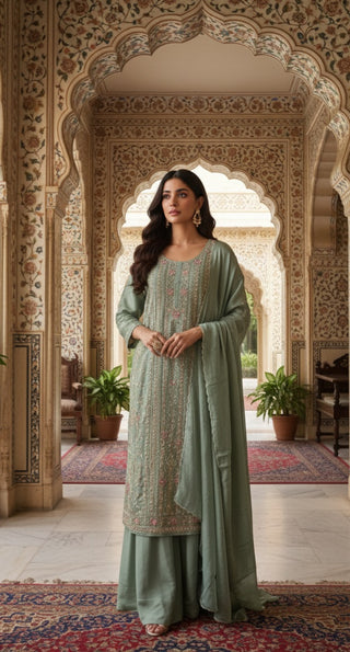 Sage Green Embroidered Sharara Set with Dupatta