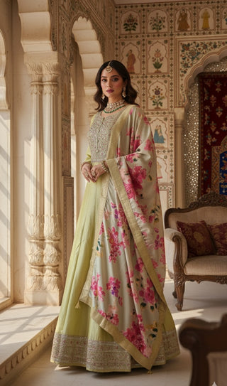 Elegant Sage Green Floral Embroidered Anarkali Set