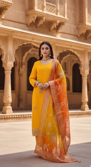 Yellow & Orange Embellished Salwar Suit