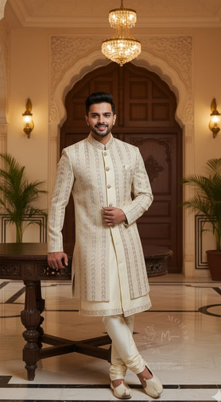 Elegant Cream Embroidered Sherwani Set