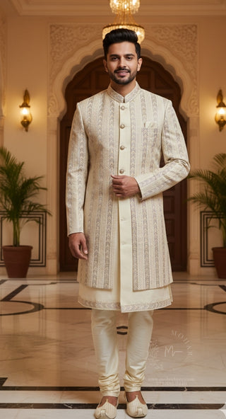 Elegant Cream Embroidered Sherwani Set