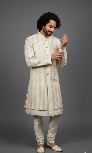 Elegant Cream Embroidered Sherwani Set