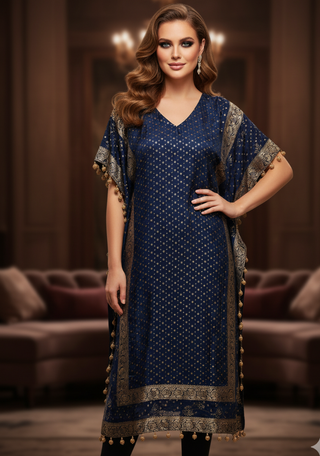Navy Blue Golden Embellished Kaftan Dress