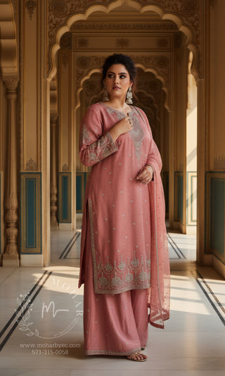 Rose Pink Embroidered Palazzo Set with Dupatta