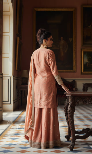 Peach Orange Embroidered Sharara Set with Dupatta
