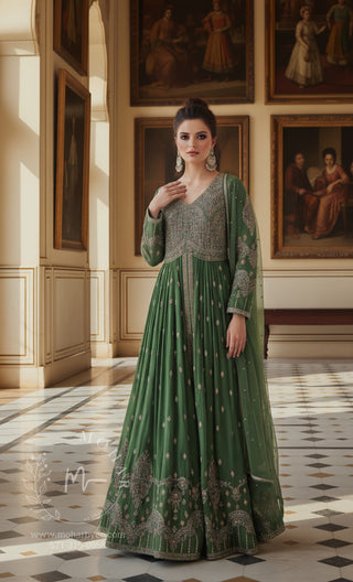 Forest Green Embroidered Anarkali Gown with Dupatta