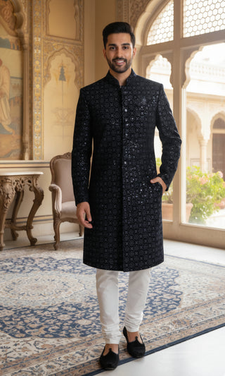 Black Embroidered Sherwani with Intricate Detailing
