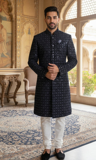 Black Embroidered Sherwani with Intricate Detailing