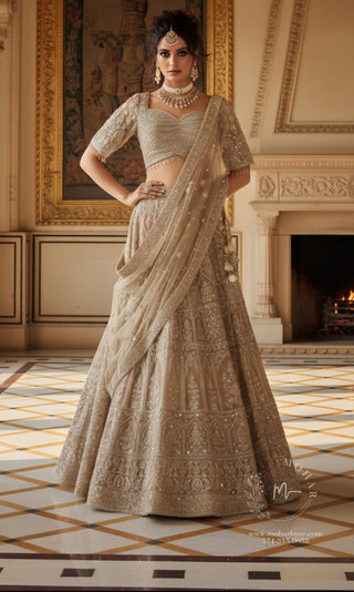 Champagne Gold Embroidered Lehenga Choli with Sleeves - Luxury Bridal Collection