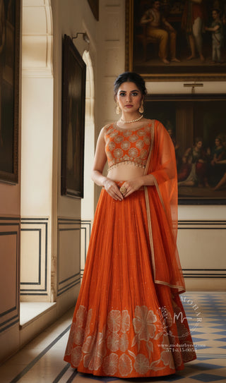 Orange and Gold Floral Silk Lehenga