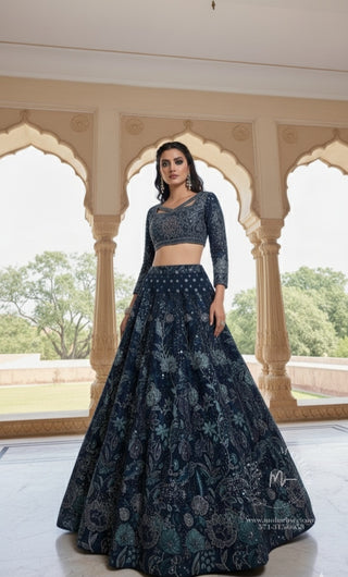 Navy Blue Embroidered Lehenga