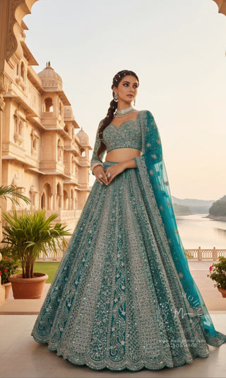 Turquoise Mirror work Lehenga