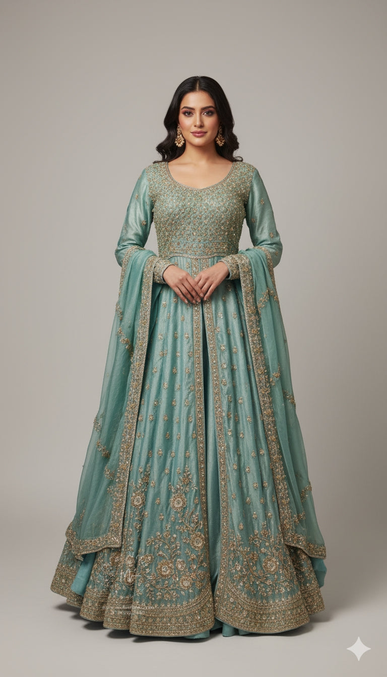 green emerald velvet dress Sea Green Anarkali Gown-Style – MOHAR