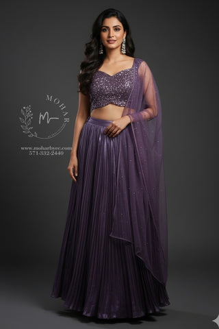 Purple Pleated Crop Top Lehenga