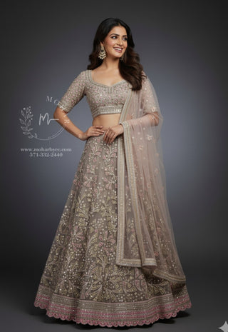 Taupe Embroidered Lehenga Choli Set