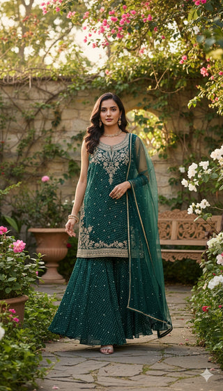 Emerald Green Golden Embroidered Sharara Set
