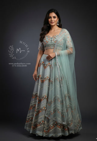 Sage Green Floral Embroidered Lehenga Choli Set