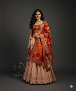 Peach And Red Lehenga Set