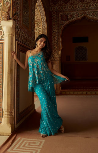 Turquoise Embroidered Cape Gown Set