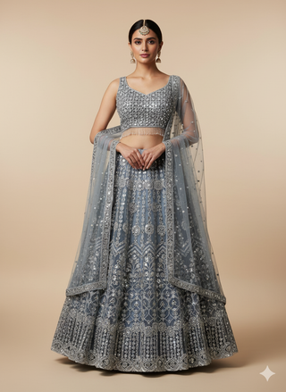 Pastel Sky Lehenga With Mirror Blooms