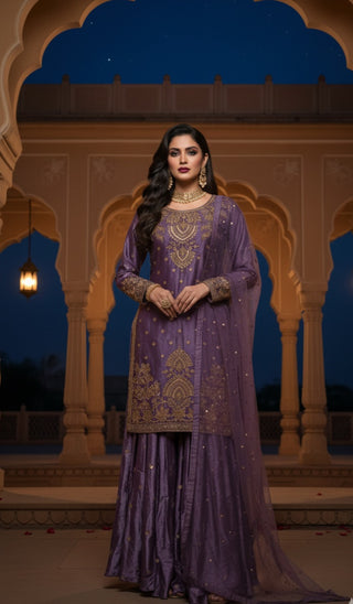 Purple Golden Embroidered Sharara Set